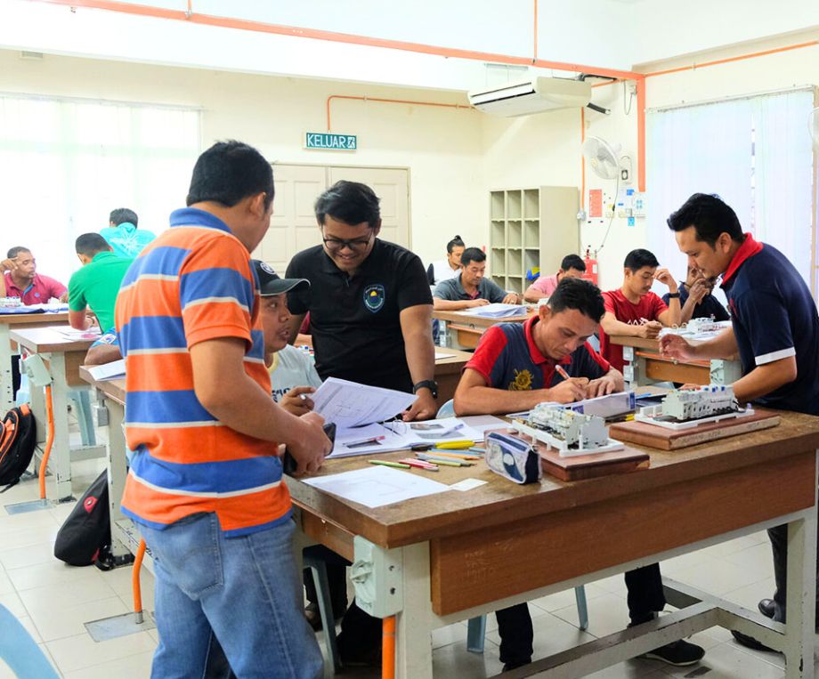 a group of people training